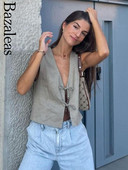 2023 Bazaleas Store Traf Γυναικείο γιλέκο Bohimian Beaded δεμένο λινό γιλέκο V λαιμό Γυναικείο γιλέκο που ξεπερνά τα επίσημα ρούχα