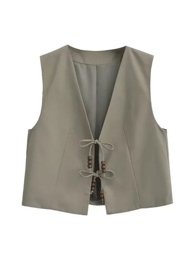 2023 Bazaleas Store Traf Γυναικείο γιλέκο Bohimian Beaded δεμένο λινό γιλέκο V λαιμό Γυναικείο γιλέκο που ξεπερνά τα επίσημα ρούχα