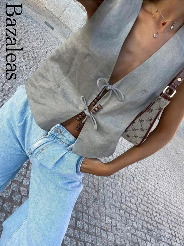 2023 Bazaleas Store Traf Γυναικείο γιλέκο Bohimian Beaded δεμένο λινό γιλέκο V λαιμό Γυναικείο γιλέκο που ξεπερνά τα επίσημα ρούχα