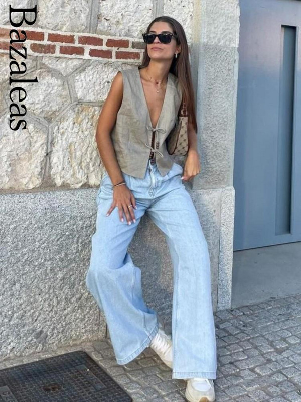 2023 Bazaleas Store Traf Γυναικείο γιλέκο Bohimian Beaded δεμένο λινό γιλέκο V λαιμό Γυναικείο γιλέκο που ξεπερνά τα επίσημα ρούχα