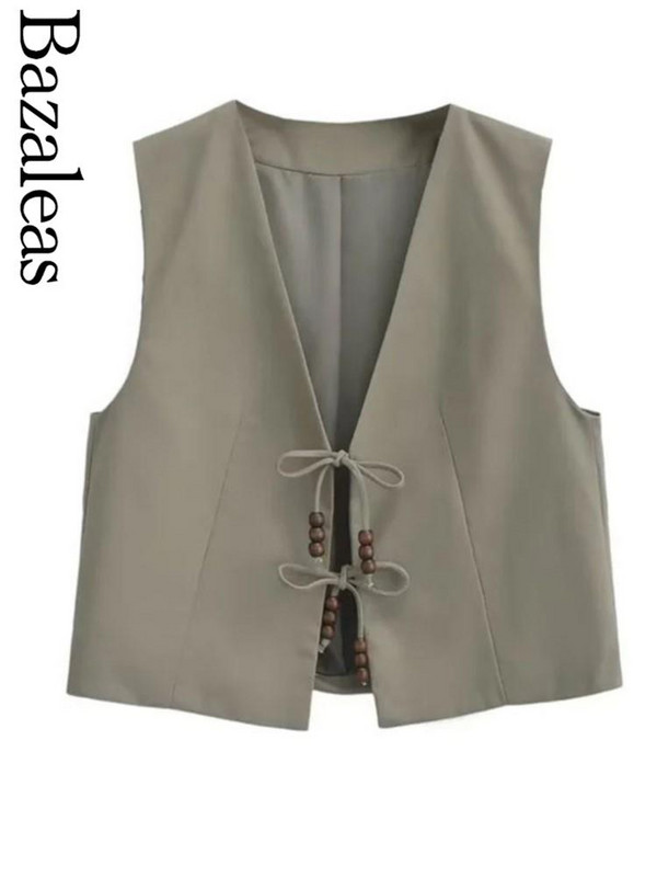 2023 Bazaleas Store Traf Γυναικείο γιλέκο Bohimian Beaded δεμένο λινό γιλέκο V λαιμό Γυναικείο γιλέκο που ξεπερνά τα επίσημα ρούχα