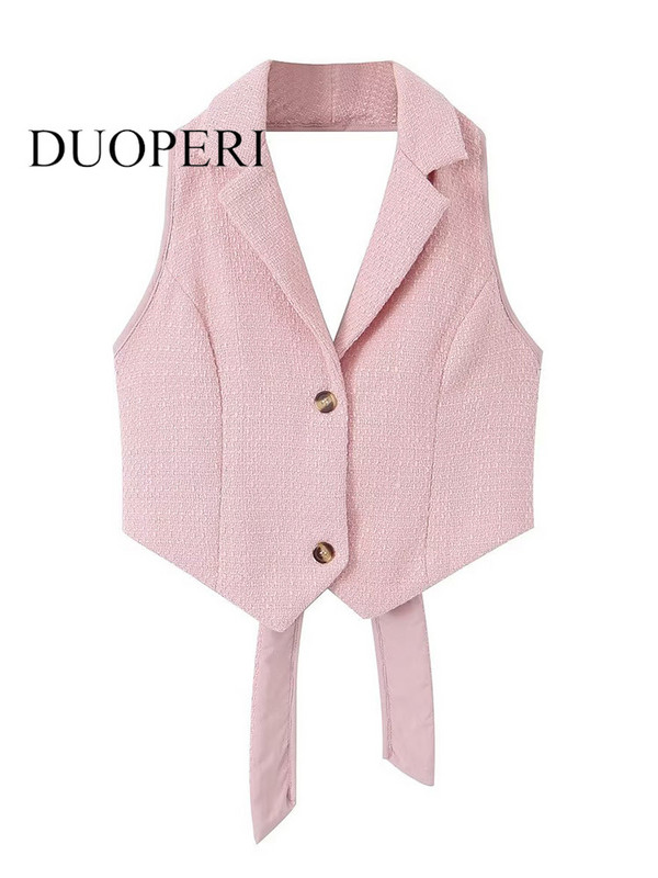 DUOPERI Γυναικεία μόδα Μασίφ γιλέκα χωρίς πλάτη με κορδόνια vintage αμάνικα μπουφάν με λαιμόκοψη Γυναικεία κομψά φανελάκια