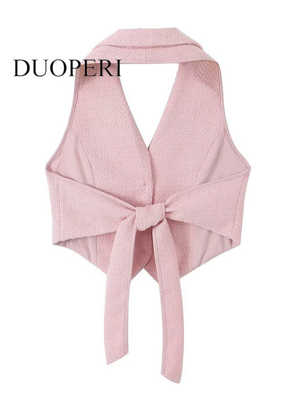 DUOPERI Γυναικεία μόδα Μασίφ γιλέκα χωρίς πλάτη με κορδόνια vintage αμάνικα μπουφάν με λαιμόκοψη Γυναικεία κομψά φανελάκια