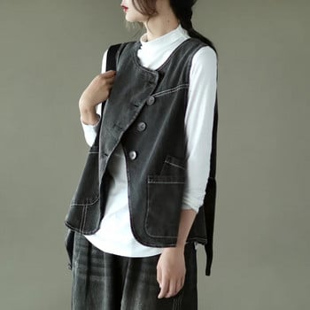 Γυναικείο τζιν γιλέκο μπουφάν 2023 Νέα άνοιξη και φθινόπωρο, κομψό γυναικείο παλτό με τετράγωνο λαιμό, casual αμάνικο γυναικείο καουμπόικο φανελάκι