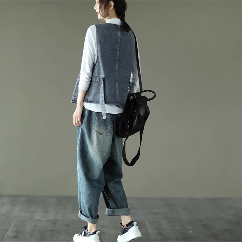 Γυναικείο τζιν γιλέκο μπουφάν 2023 Νέα άνοιξη και φθινόπωρο, κομψό γυναικείο παλτό με τετράγωνο λαιμό, casual αμάνικο γυναικείο καουμπόικο φανελάκι