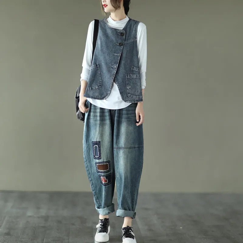 Γυναικείο τζιν γιλέκο μπουφάν 2023 Νέα άνοιξη και φθινόπωρο, κομψό γυναικείο παλτό με τετράγωνο λαιμό, casual αμάνικο γυναικείο καουμπόικο φανελάκι