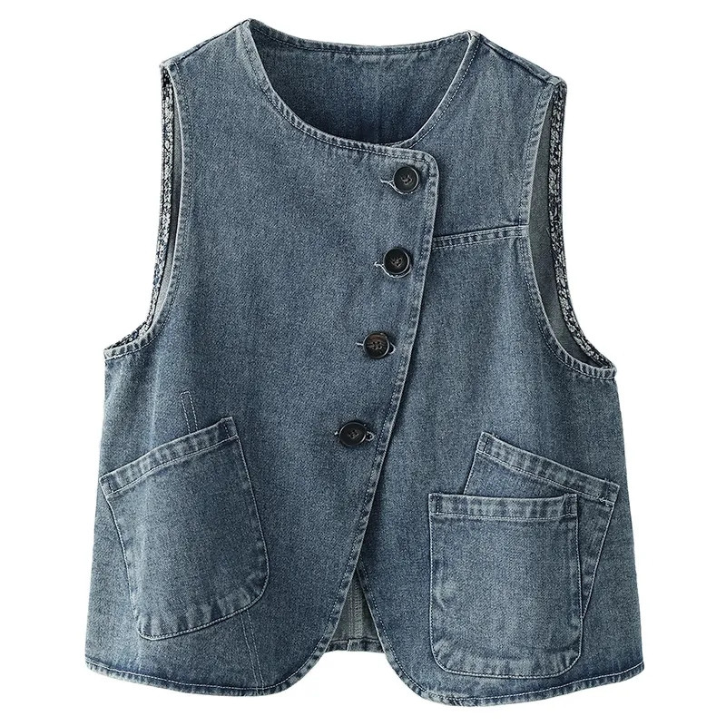 Γυναικείο τζιν γιλέκο μπουφάν 2023 Νέα άνοιξη και φθινόπωρο, κομψό γυναικείο παλτό με τετράγωνο λαιμό, casual αμάνικο γυναικείο καουμπόικο φανελάκι