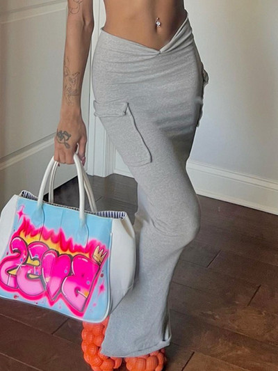 BOOFEENAA Sexy V Cut ψηλόμεσες τσέπες μακριές φούστες Γυναικεία ρούχα 2023 Fashion casual γκρι Stretch Maxi Pencil φούστα C85-CZ20