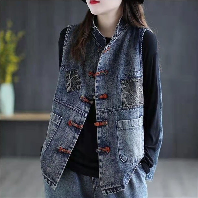 Dámska bunda jar a jeseň 2023 nová voľná módna dámska džínsová vesta bez rukávov, ležérny etnický štýl, dámske tielko