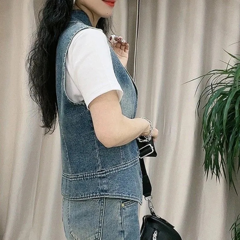 Jachetă de damă, primăvară și toamnă 2023, la modă nouă, fără mâneci, versatilă, pentru damă, vestă din blugi, haină scurtă, elegantă, pentru femei.