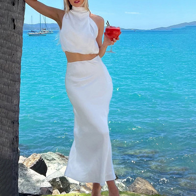 Ženske satenske haljine s halterima, ljetne duge suknje bez rukava Elegantne kratke majice od dva komada Komplet suknji a-kroja Robe De Plage