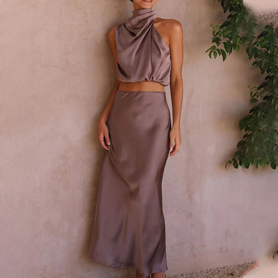 Ženske satenske haljine s halterima, ljetne duge suknje bez rukava Elegantne kratke majice od dva komada Komplet suknji a-kroja Robe De Plage