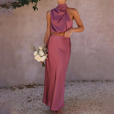 Ženske satenske haljine s halterima, ljetne duge suknje bez rukava Elegantne kratke majice od dva komada Komplet suknji a-kroja Robe De Plage