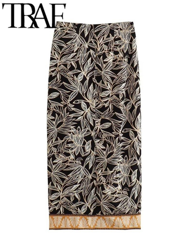 TRAF Fuste lungi cu talie înaltă pentru femei, cu imprimeu vintage, Y2k, mozaic, cu papion, cu fantă laterală, fustă midi pentru femei, vară 2023, subțire