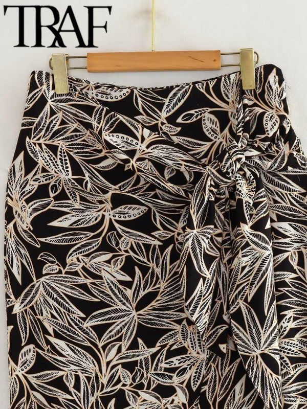 TRAF Fuste lungi cu talie înaltă pentru femei, cu imprimeu vintage, Y2k, mozaic, cu papion, cu fantă laterală, fustă midi pentru femei, vară 2023, subțire