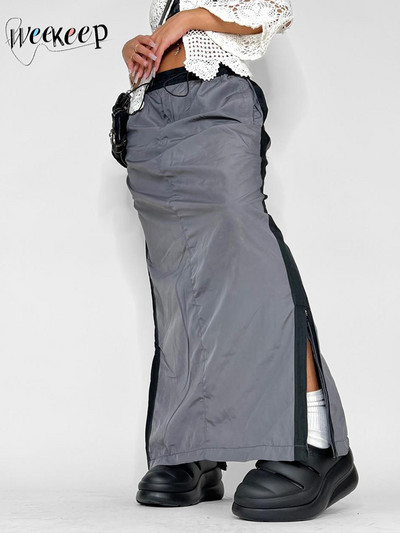Dámska streetwear ležérna dlhá sukňa Weekeep so sťahovacou šnúrkou, nízkym pásom, rozparkom a prešívanými bočnými pruhmi