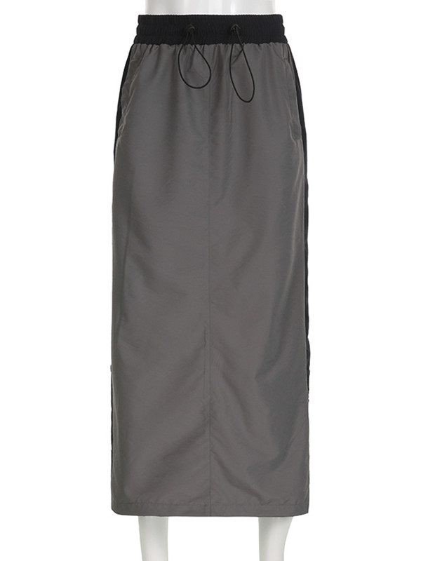 Dámska streetwear ležérna dlhá sukňa Weekeep so sťahovacou šnúrkou, nízkym pásom, rozparkom a prešívanými bočnými pruhmi