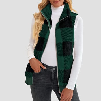 2023 Γυναικείο φλις γούνινο σώμα πιο ζεστό γιλέκο Γιλέκο γιλέκο Gilet Χειμερινό αμάνικο παλτό Tartan Ρούχα Plus Size