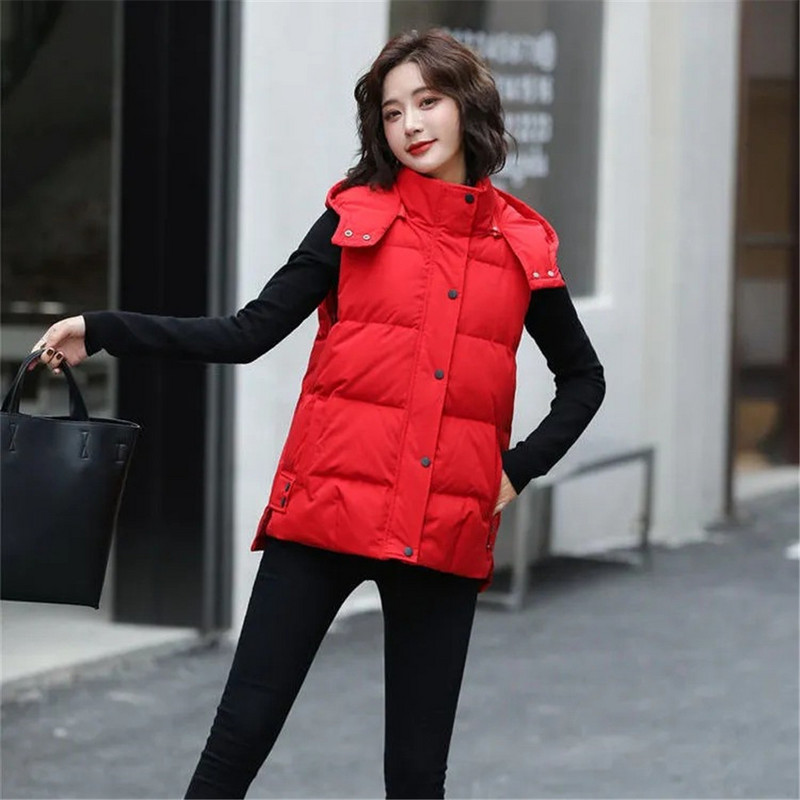 Vestă albă fără mâneci, cu glugă, pentru femei, 2022, coreeană, din bumbac, vestă, toamnă, iarnă, vestă scurtă, jachetă cu guler ridicat