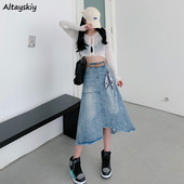 Fuste Femei Vintage Patchwork Denim ciucuri Talie înaltă Design la modă Casual Asimetric Lady Streetwear Harajuku Ins New Mujer