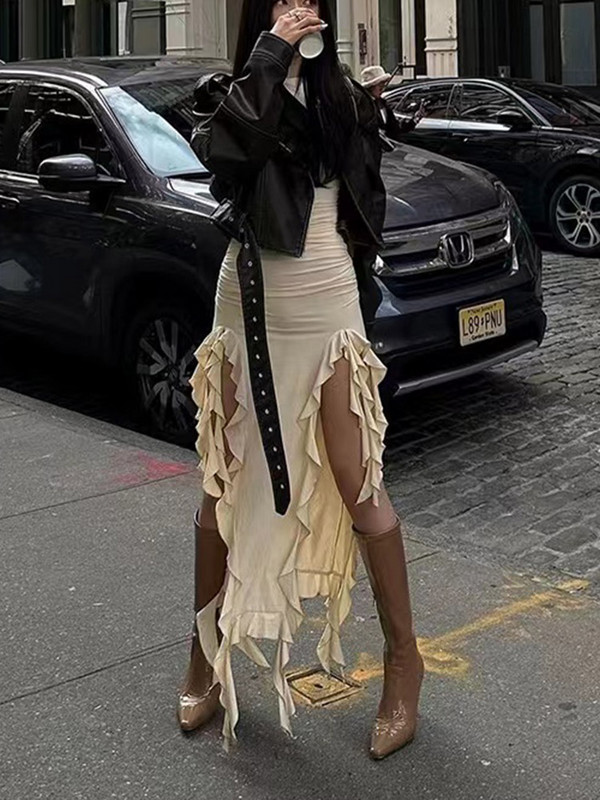 Fuste maxi plisate cu volane sexy femei eleganta neregulă solidă talie înaltă cu ciucuri fustă lungă petrecere de seară de vară rochie subțire