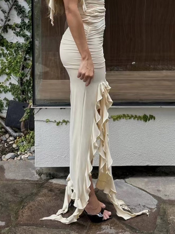 Fuste maxi plisate cu volane sexy femei eleganta neregulă solidă talie înaltă cu ciucuri fustă lungă petrecere de seară de vară rochie subțire