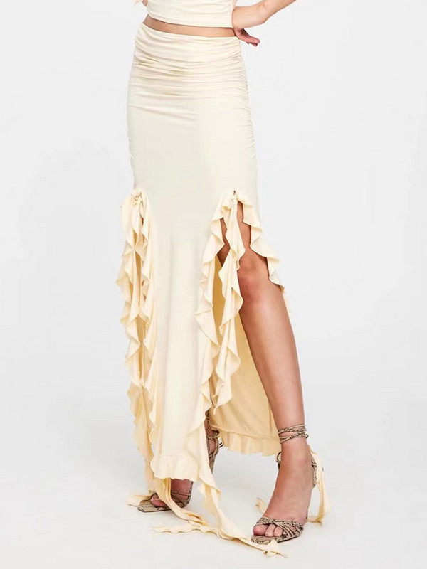 Fuste maxi plisate cu volane sexy femei eleganta neregulă solidă talie înaltă cu ciucuri fustă lungă petrecere de seară de vară rochie subțire