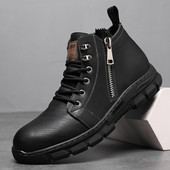 Cizme scurte pentru bărbați, la modă, cu fermoar, înalt, anti-alunecare, pantofi din piele moale, cizme casual Martin, cu două straturi, din piele de vacă, cu șireturi, simplu