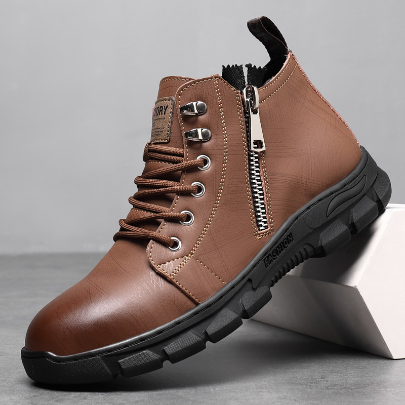 Cizme scurte pentru bărbați, la modă, cu fermoar, înalt, anti-alunecare, pantofi din piele moale, cizme casual Martin, cu două straturi, din piele de vacă, cu șireturi, simplu