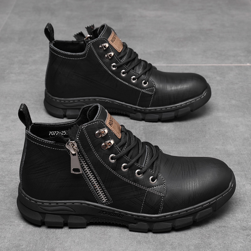 Cizme scurte pentru bărbați, la modă, cu fermoar, înalt, anti-alunecare, pantofi din piele moale, cizme casual Martin, cu două straturi, din piele de vacă, cu șireturi, simplu