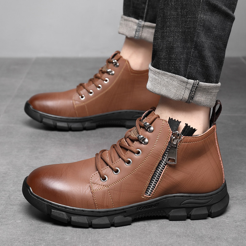 Cizme scurte pentru bărbați, la modă, cu fermoar, înalt, anti-alunecare, pantofi din piele moale, cizme casual Martin, cu două straturi, din piele de vacă, cu șireturi, simplu