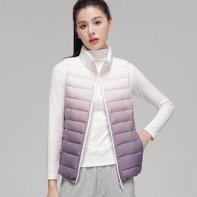 Dámska páperová bunda s gradientným vzorom, jeseň/zima 2023, bez rukávov, stojatý golier, teplá vesta, ultraľahká biela páperová vesta