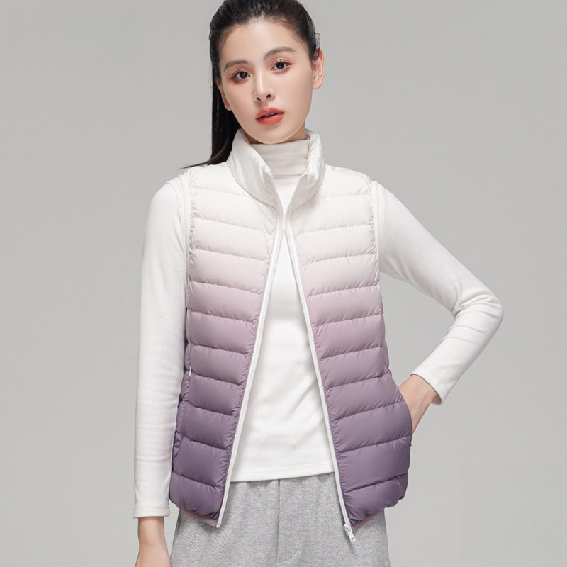 Dámska páperová bunda s gradientným vzorom, jeseň/zima 2023, bez rukávov, stojatý golier, teplá vesta, ultraľahká biela páperová vesta