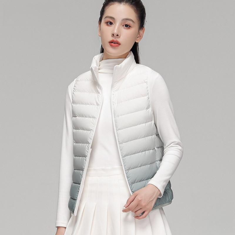 Dámska páperová bunda s gradientným vzorom, jeseň/zima 2023, bez rukávov, stojatý golier, teplá vesta, ultraľahká biela páperová vesta