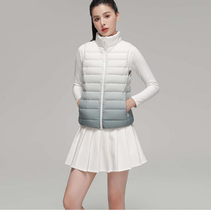 Dámska páperová bunda s gradientným vzorom, jeseň/zima 2023, bez rukávov, stojatý golier, teplá vesta, ultraľahká biela páperová vesta