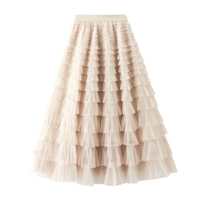 jupe femme ete Ανοιξιάτικη φούστα για πάρτι 2023 Ελαστική ψηλόμεση μακριά τούλινη φούστα Γυναικεία πολυστρωματικά βολάν Ροζ διχτυωτό Tutu γυναικεία φούστα