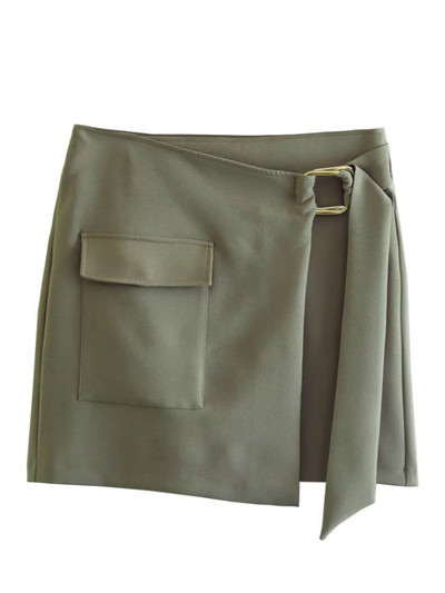 PUWD Moda femei cu centură mini fuste asimetrice verzi 2023 de vară vintage talie înaltă culoare solidă pantaloni chic pentru femei