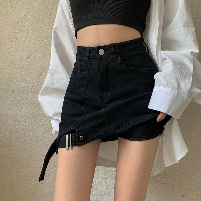 Zoki sexy čierne dámske džínsové sukne s vysokým pásom, asymetrické štíhle zavinovacie sukne, vykladané letné kórejské módne ležérne streetwear