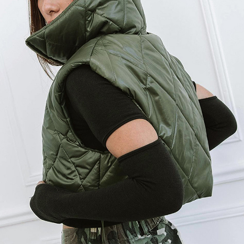 Femei ocazional guler înalt cu șnur fără mâneci vestă americană largi vestă haină căptușită la modă, culoare solidă, jachete fără mâneci