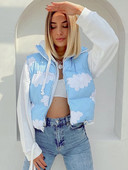 wsevypo Chic Blue Cloud Print Vest Vest Tops Femei Iarna Imbracaminte calduroasa Fara maneci cu fermoar Guler Stand-up Jachete Captusite Paltoane