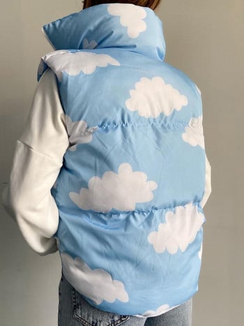wsevypo Chic Blue Cloud Print Down Γιλέκο Μπλούζες Γυναικείες χειμωνιάτικες ζεστές ενδυμασίες αμάνικο φερμουάρ όρθιο γιακά Μπουφάν με επένδυση