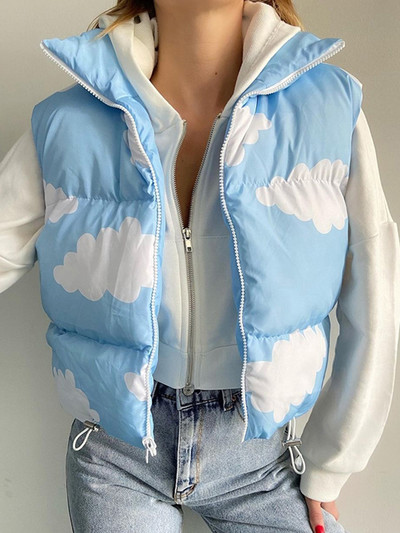 wsevypo Chic Blue Cloud Print Vest Vest Tops Femei Iarna Imbracaminte calduroasa Fara maneci cu fermoar Guler Stand-up Jachete Captusite Paltoane