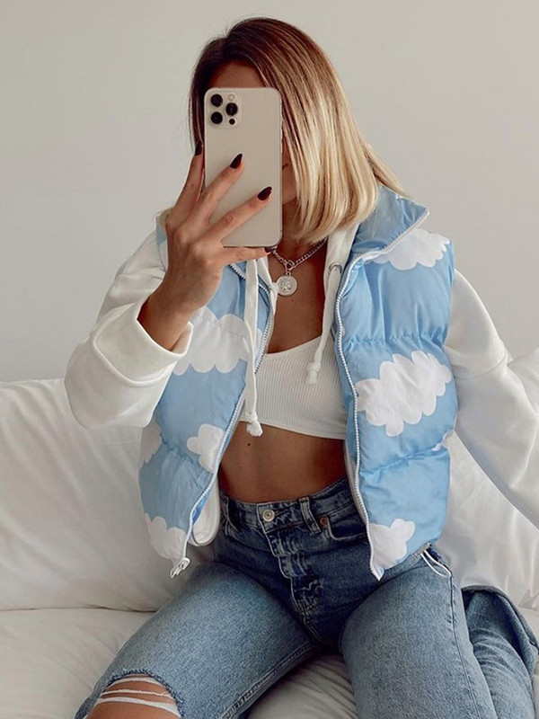 wsevypo Chic Plavi oblačići s donjim gornjim dijelom prsluka Ženska zimska topla gornja odjeća Bez rukava, samostojeći ovratnik s patentnim zatvaračem Podstavljene jakne Kaputi