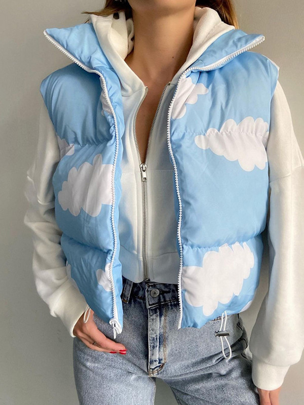 wsevypo Chic Plavi oblačići s donjim gornjim dijelom prsluka Ženska zimska topla gornja odjeća Bez rukava, samostojeći ovratnik s patentnim zatvaračem Podstavljene jakne Kaputi
