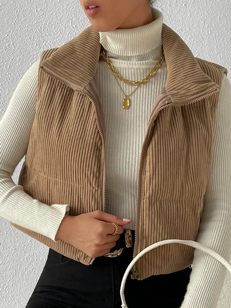 Γυναικείο κοτλέ γιλέκο μονόχρωμο γιακά με καπιτονέ γιλέκο Φθινοπωρινό Χειμώνα Casual Αμάνικο εξωτερικό παλτό με επένδυση