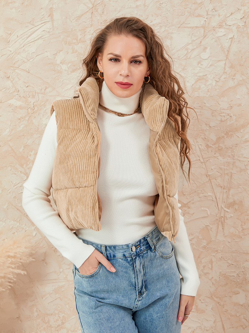 Γυναικείο κοτλέ γιλέκο μονόχρωμο γιακά με καπιτονέ γιλέκο Φθινοπωρινό Χειμώνα Casual Αμάνικο εξωτερικό παλτό με επένδυση