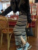 Πλεκτό ψηλόμεσο BUD Φούστες μέχρι τον αστράγαλο Γυναικείες φούστες με χοντρό σκίσιμο στο πλάι Σχεδιασμένο Vintage Απλό παντός τύπου Streetwear Νέο ριγέ χειμώνα