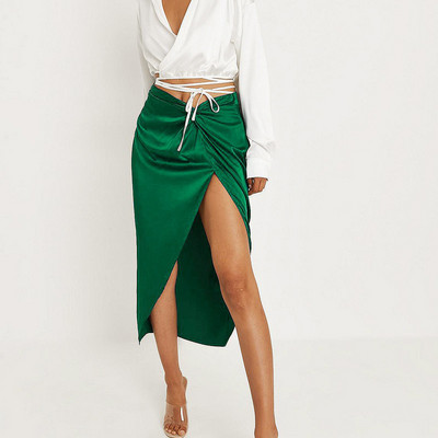 Fusta cu nod francez cu talie înaltă din satin Fuste neregulate sexy pentru femei cu farmec de vară Fusta lungă despicată Fuste subțiri pentru petrecere