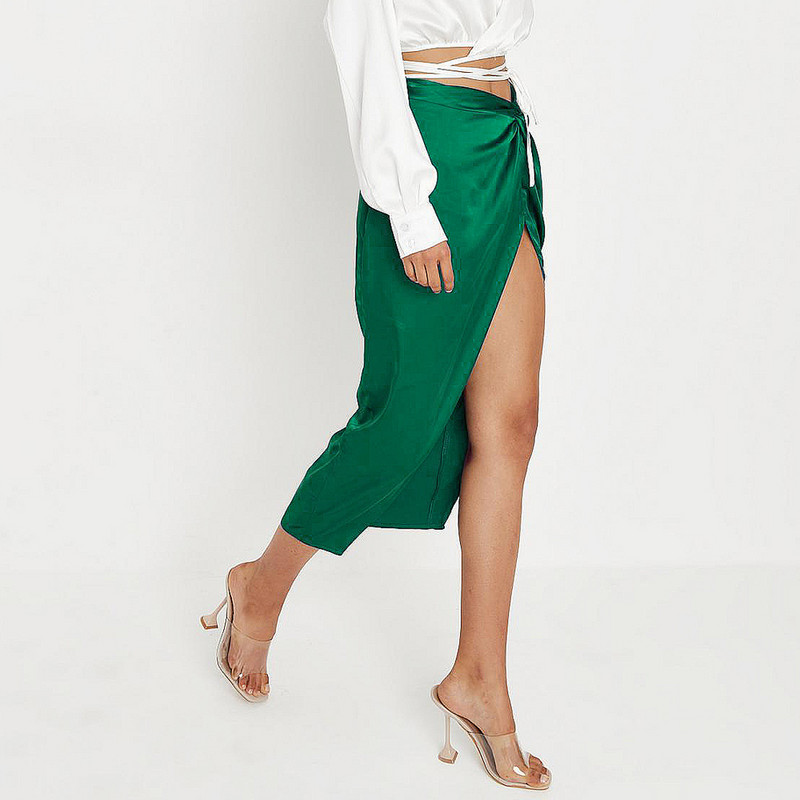 Fusta cu nod francez cu talie înaltă din satin Fuste neregulate sexy pentru femei cu farmec de vară Fusta lungă despicată Fuste subțiri pentru petrecere