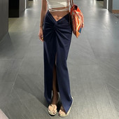 Japanska seksi suknja visokog struka za žene, ljetne maksi plave Y2k suknje, duge koketne suknje s prorezom, jednobojne, uske, korejske modne falda